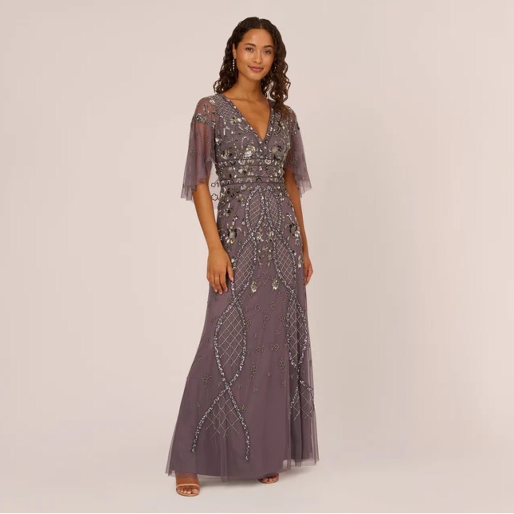 ADRIANNA PAPELL - Stunning Embellished Cape-Sleeve Gown in color Periwinkle